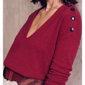 Sézane Curtis V-Neck Jumper Size S Raspberry Button Shoulder Knit